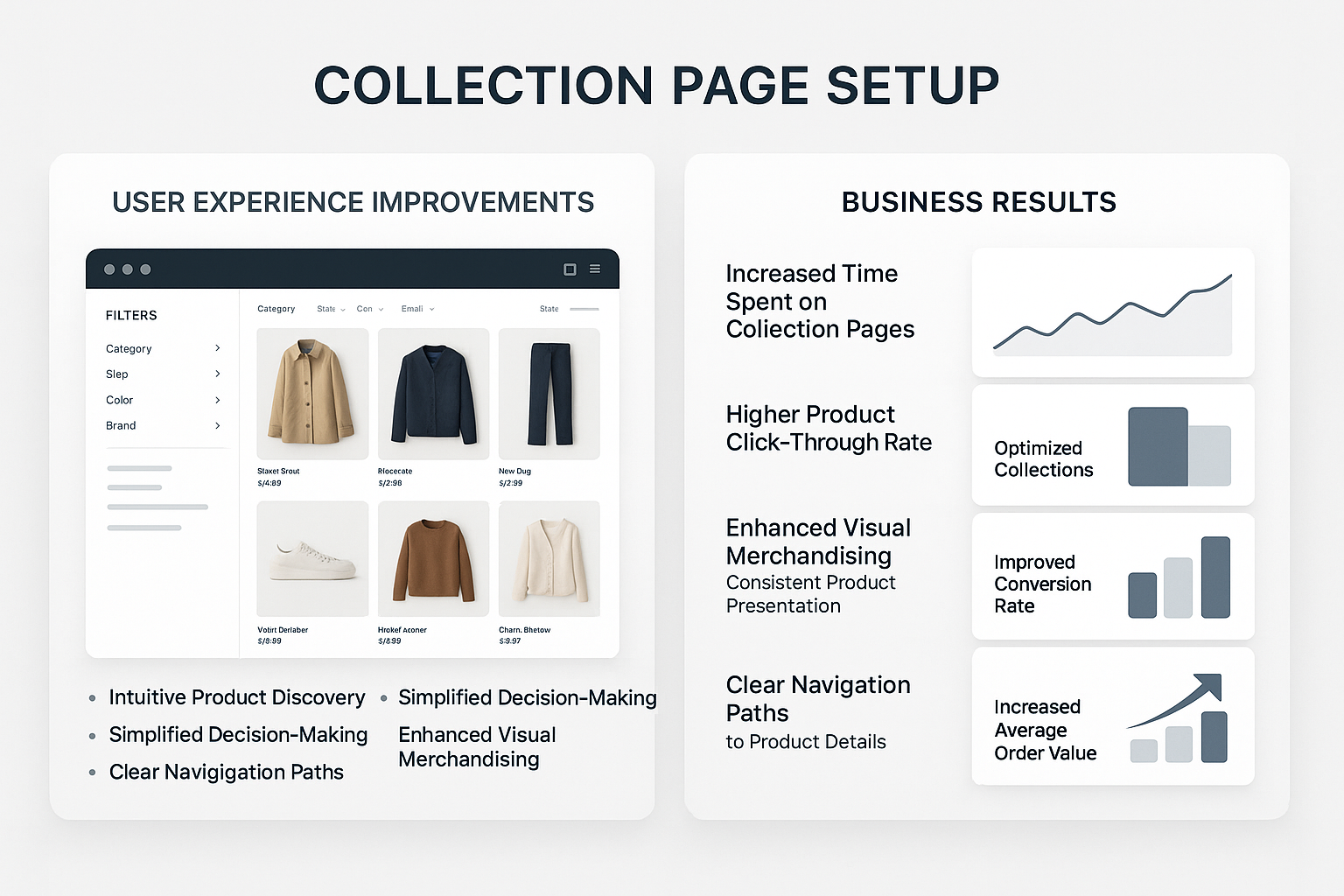 Multi-panel view showing user experience improvements with intuitive discovery alongside business results with increased engagement and conversion metrics