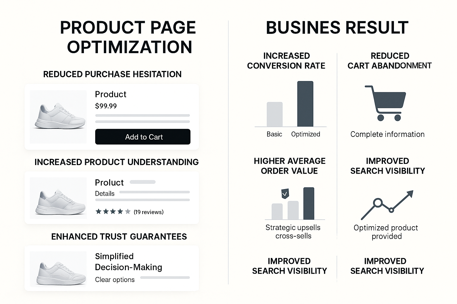 Multi-panel view showing user experience improvements with reduced hesitation alongside business results with increased conversion and reduced abandonment metrics