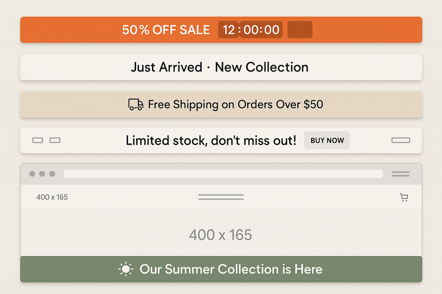 Multiple announcement bar designs stacked or in grid showing sales promotion with timer, new collection launch, shipping update, and limited stock message