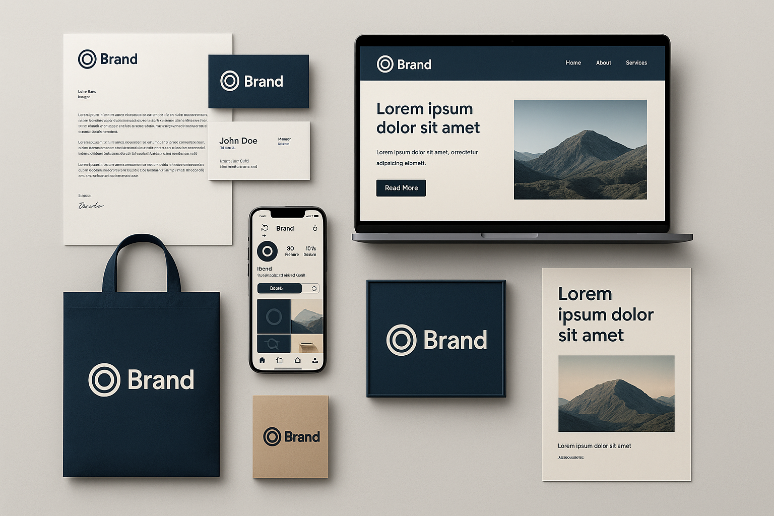 Multiple brand applications showing consistency across business cards, website, social media, packaging, signage and marketing materials