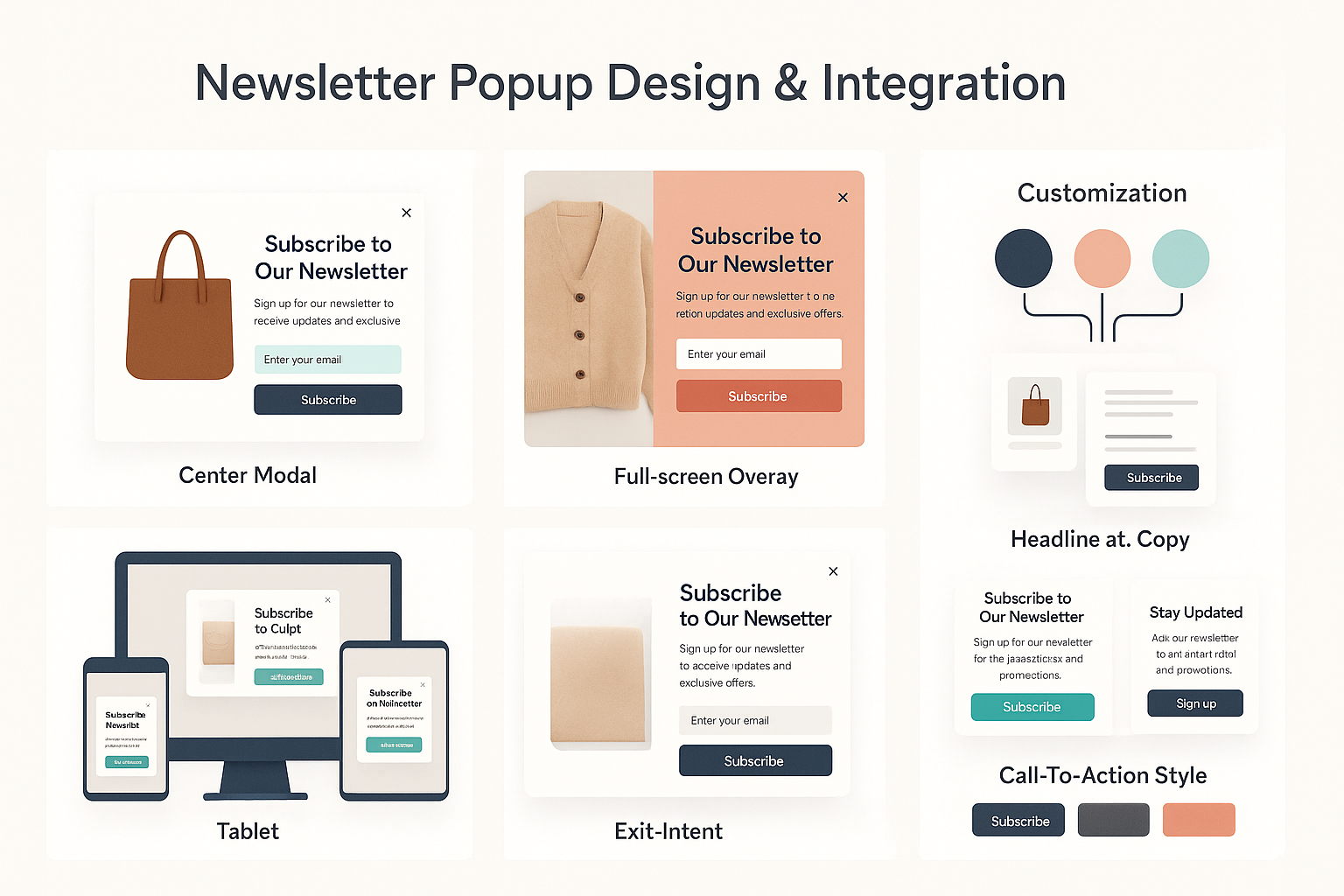 Multiple popup design templates showing different styles, layouts and customization options across various devices