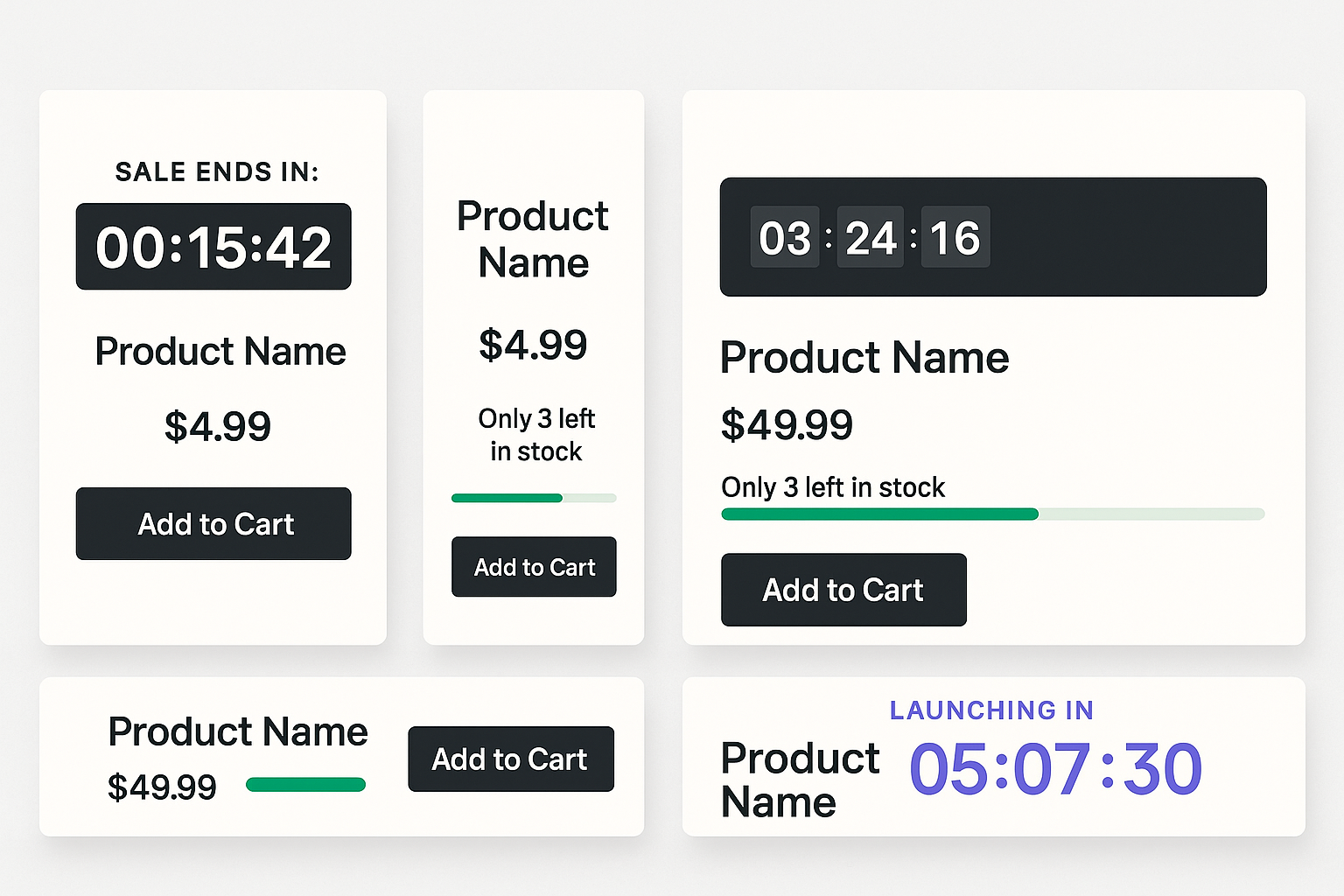 Multiple product pages showing different urgency designs - bold sale countdown, subtle stock bar, combined approach, and special event countdown with thematic styling