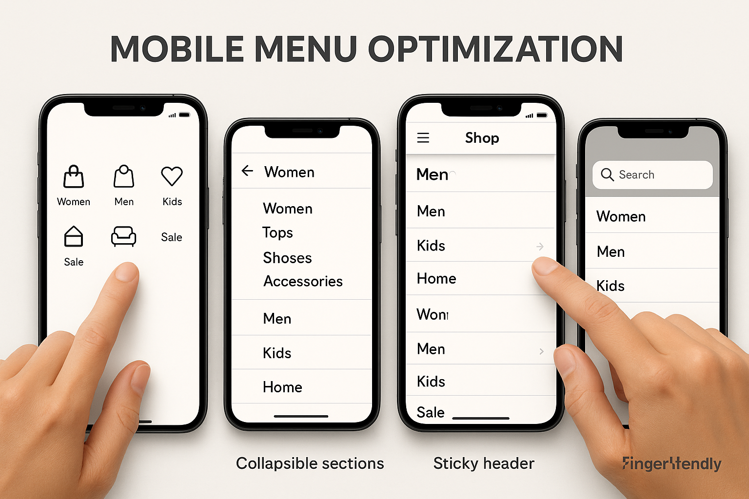 Multiple smartphones displaying different menu optimizations - category icons, collapsible sections, sticky headers and finger-friendly search