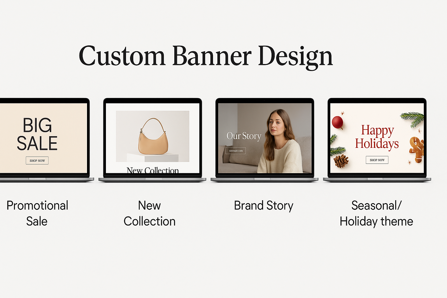 Multiple website mockups showing different banner designs - promotional sale, new collection announcement, brand story with lifestyle imagery and seasonal theme