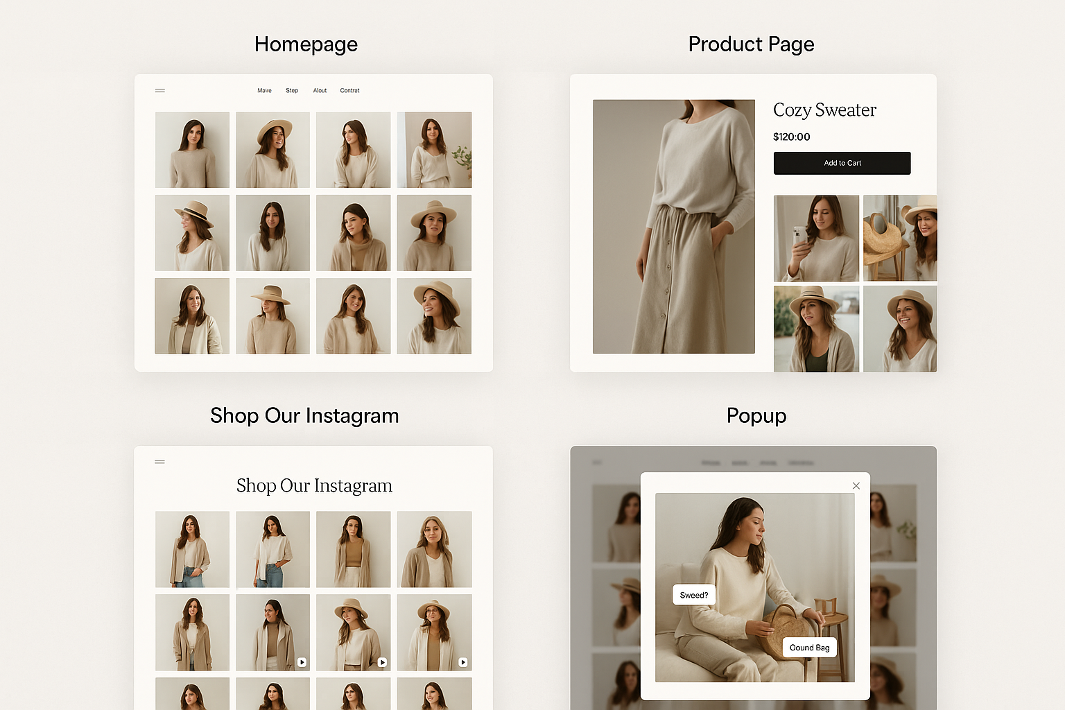 Multiple website mockups showing different Instagram integrations - homepage grid, product page carousel, dedicated gallery page and popup lightbox view