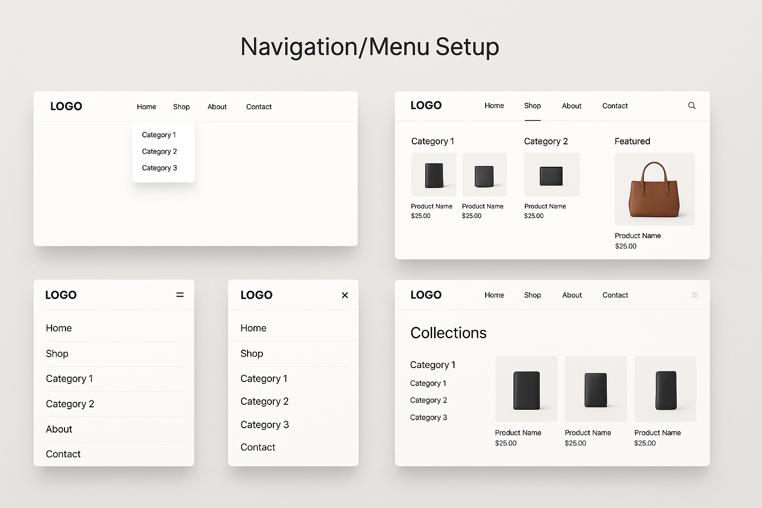 Multiple website mockups showing different navigation approaches - horizontal dropdown menu, expanded mega menu, mobile hamburger menu and category sidebar