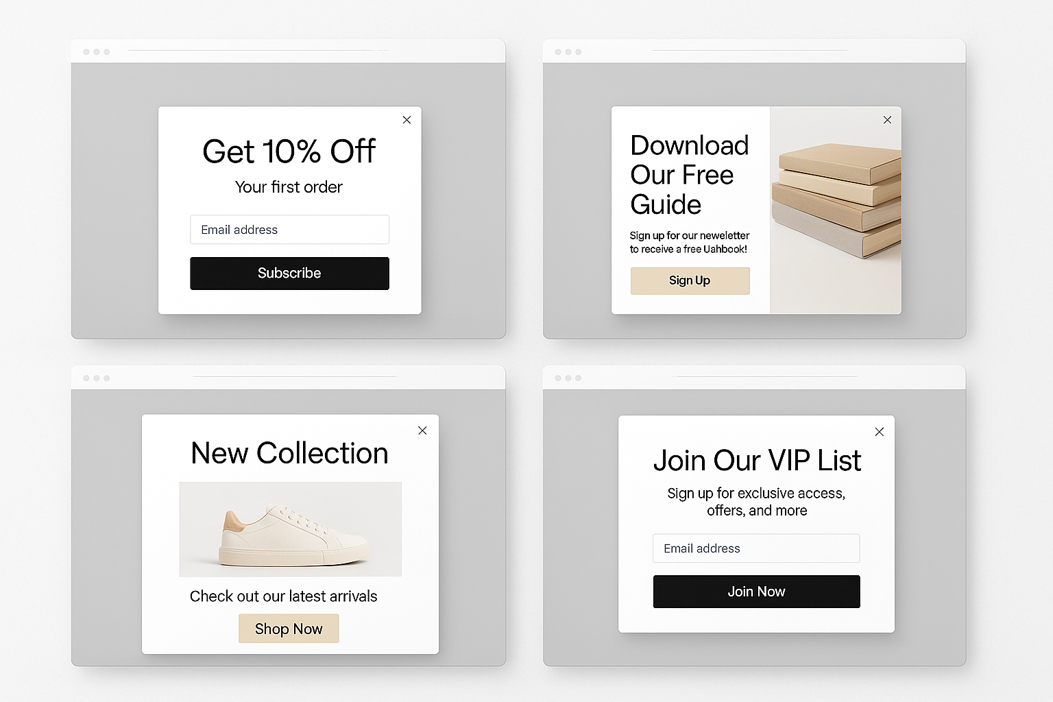 Multiple website mockups showing different popup designs - discount offer, free guide download, new collection announcement and VIP exclusive access