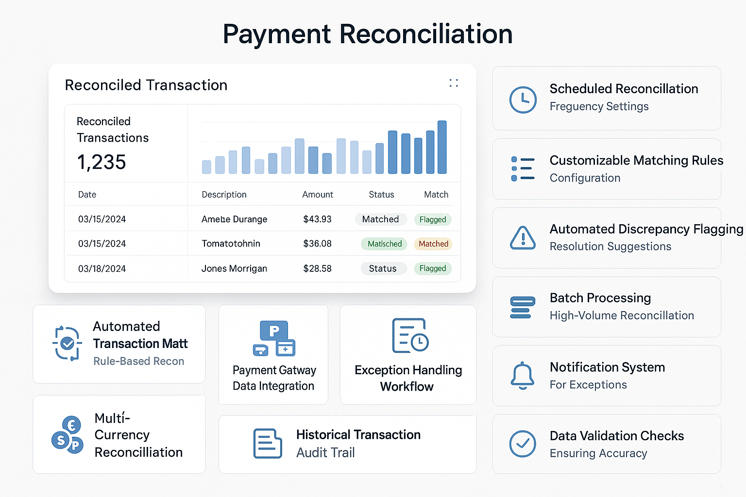 Payment reconciliation dashboard showing transaction matching, gateway integration, bank synchronization, exception handling, multi-currency capabilities and automation features