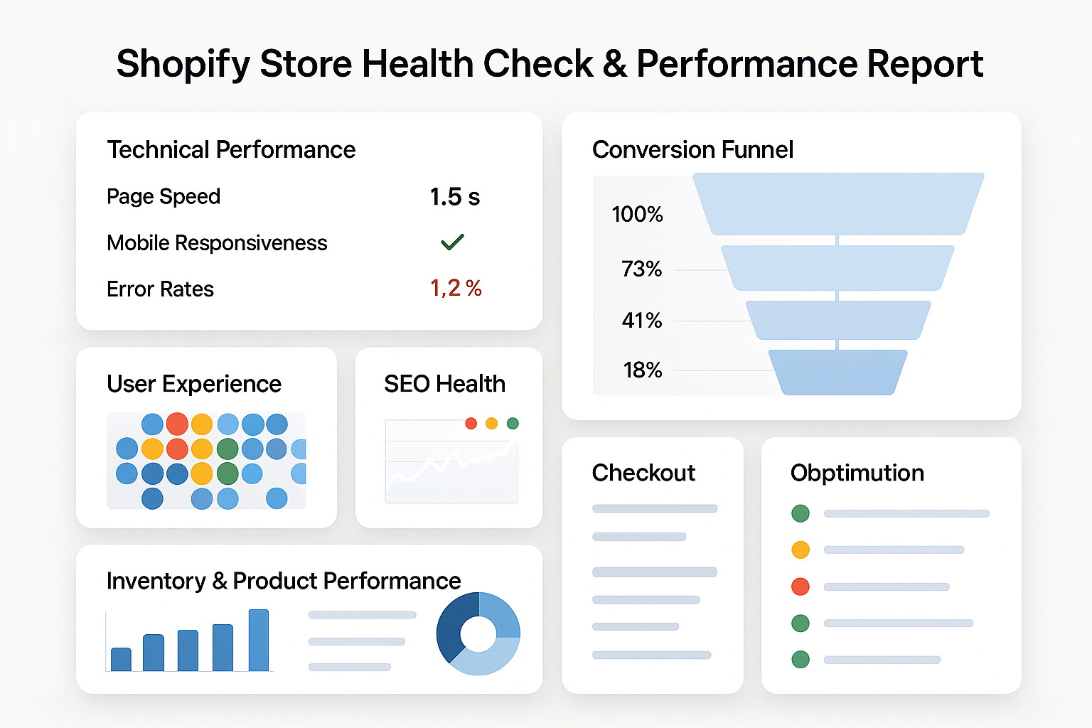 Performance report interface showing technical metrics, conversion funnel analysis, UX assessment with heatmap, SEO health and checkout optimization opportunities