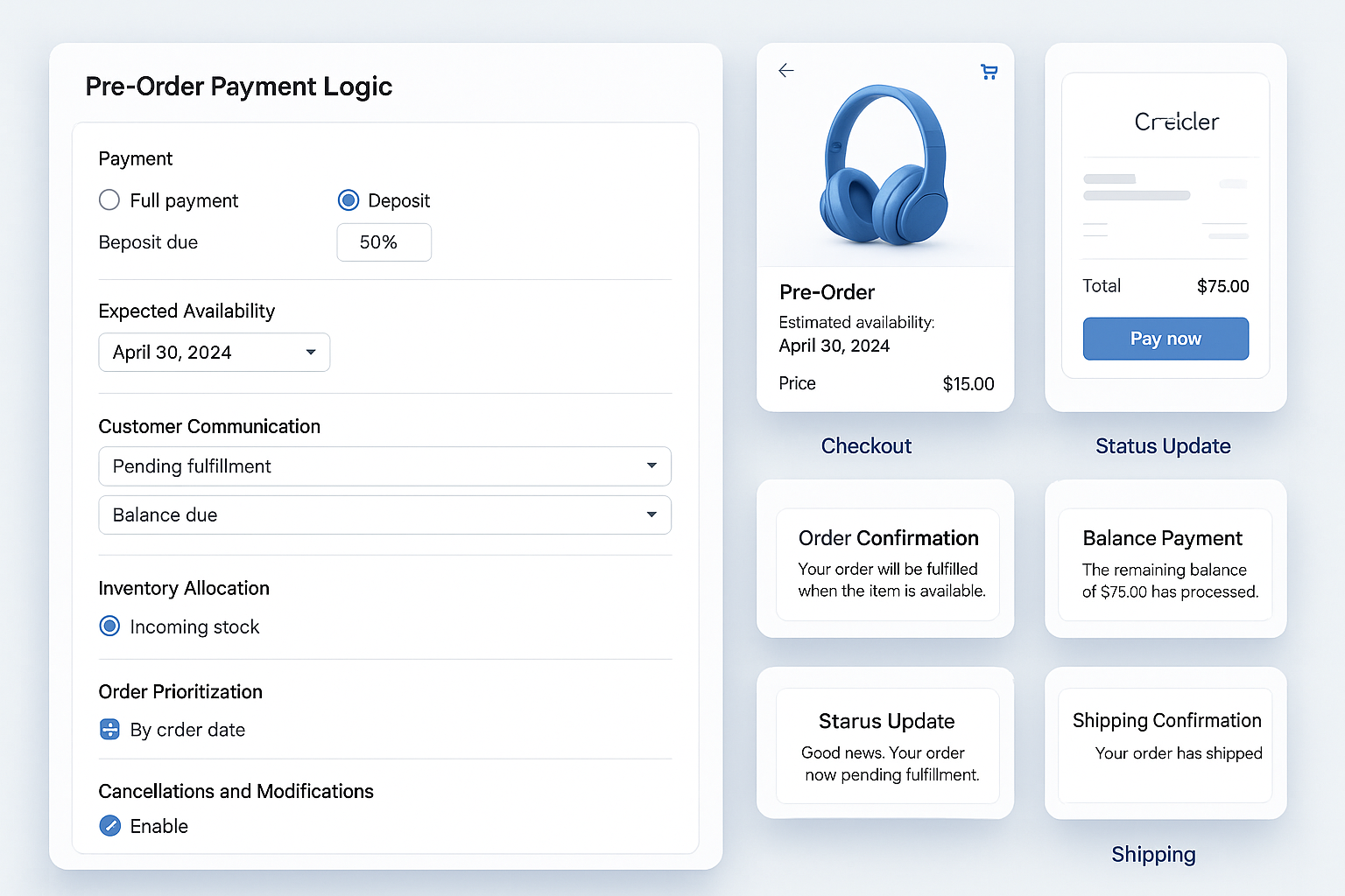 Pre-order management dashboard showing payment configuration, availability date management, communication templates, inventory allocation, order prioritization and customer experience elements