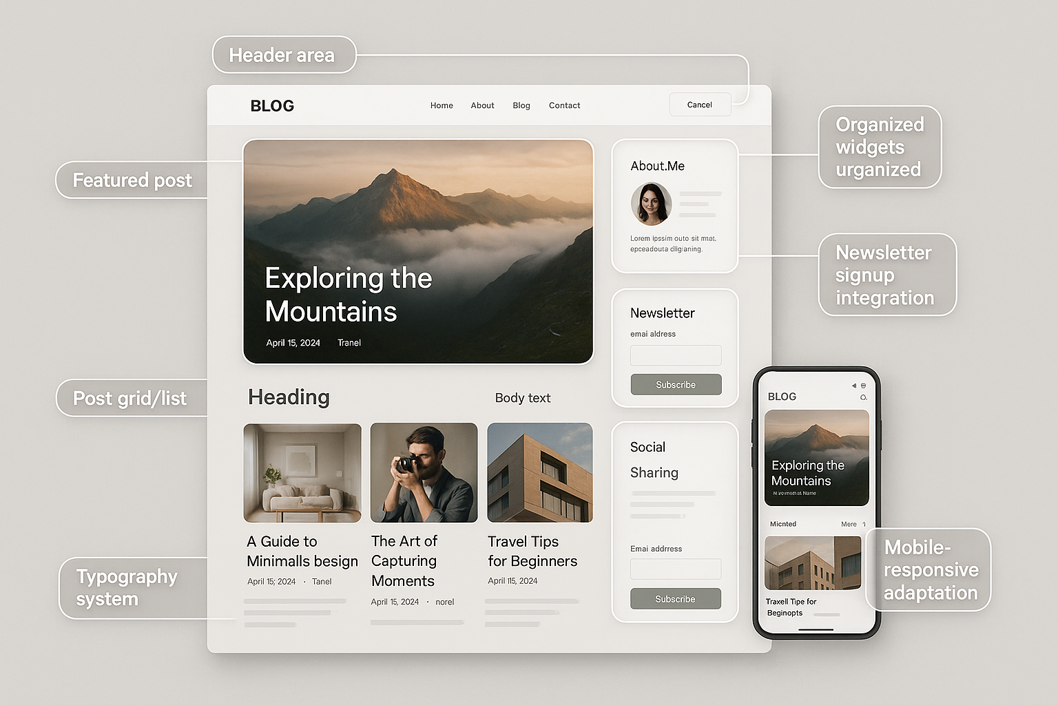 Premium blog design with highlighted elements - header navigation, featured posts, typography hierarchy, sidebar widgets and newsletter signup