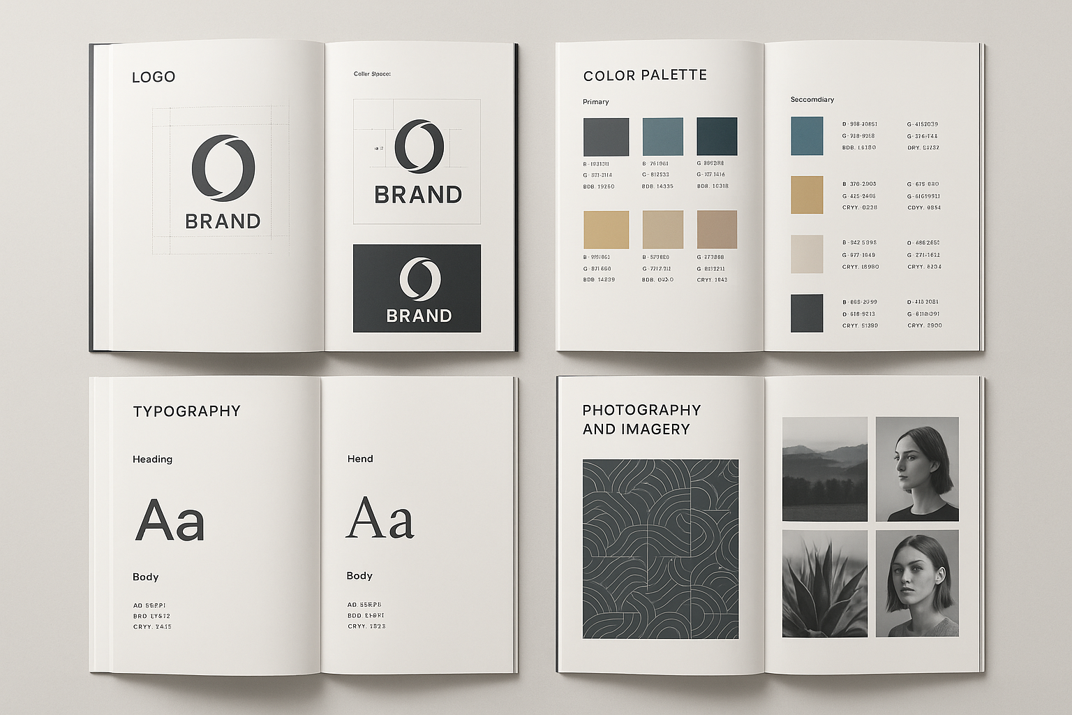 Premium brand guide mockup with highlighted components - logo specifications, color palette, typography system, imagery style and pattern usage