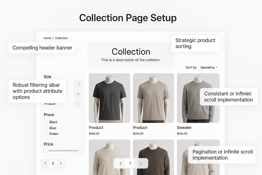 Premium collection page with highlighted elements - compelling header banner, strategic sorting, filtering sidebar, consistent product cards and breadcrumb navigation