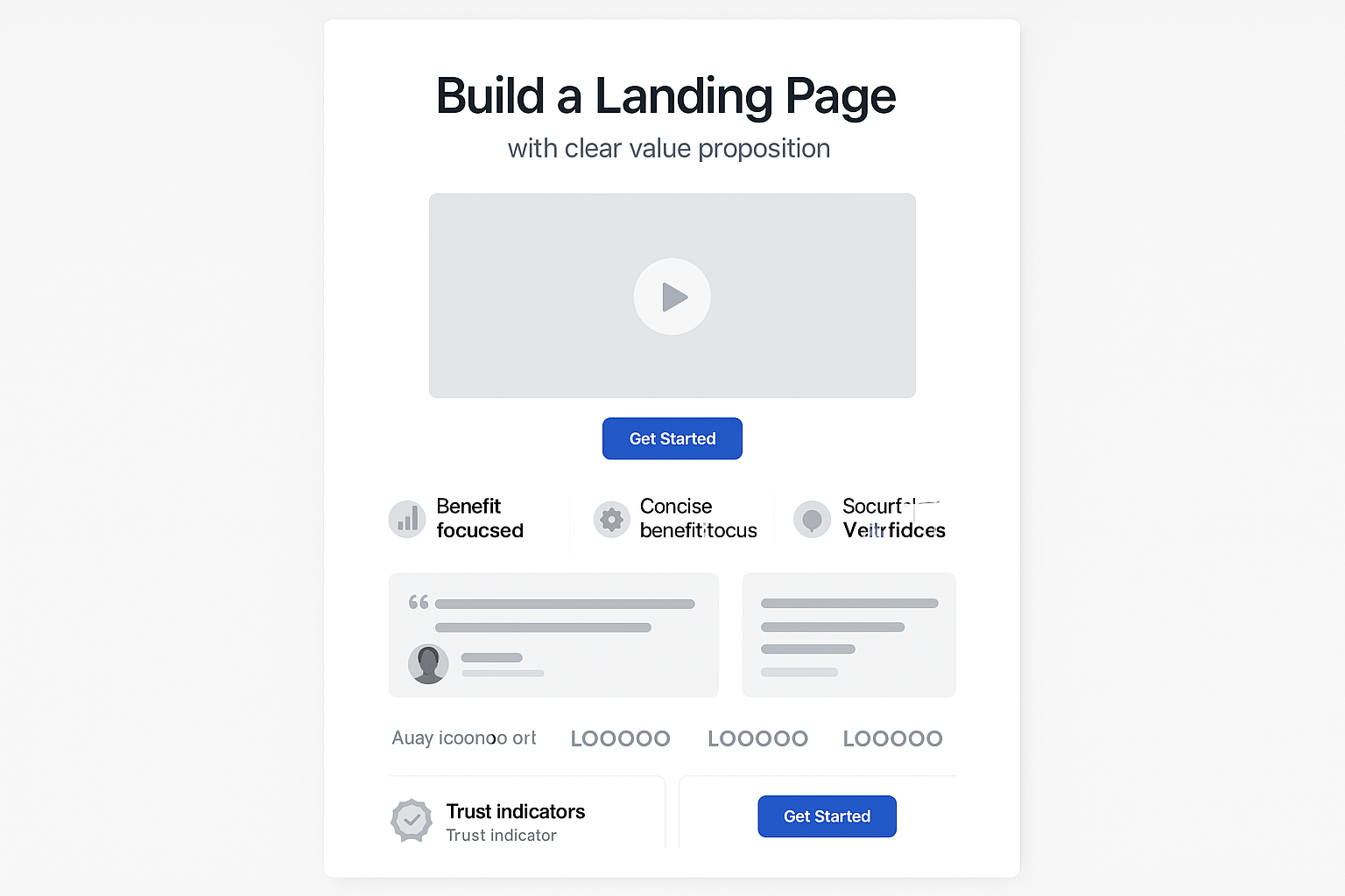 Premium landing page mockup with highlighted components - attention-grabbing headline, hero image, benefit blocks, testimonials, trust badges and strategic call-to-action buttons