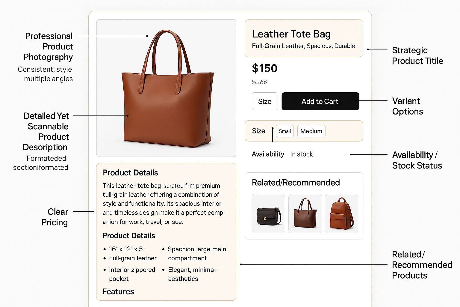 Premium product listing with highlighted elements - professional photography, strategic title, formatted description, clear pricing and visual variant selectors