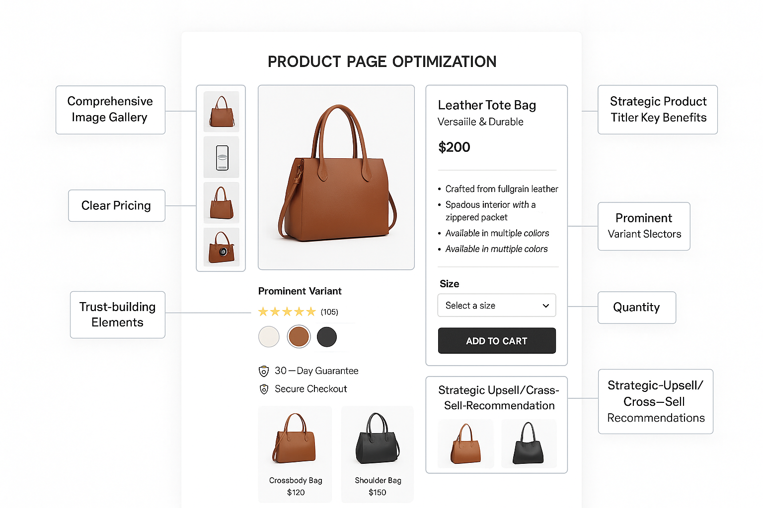 Premium product page with highlighted elements - comprehensive gallery, strategic title, structured description, variant selectors, trust badges and prominent add-to-cart button