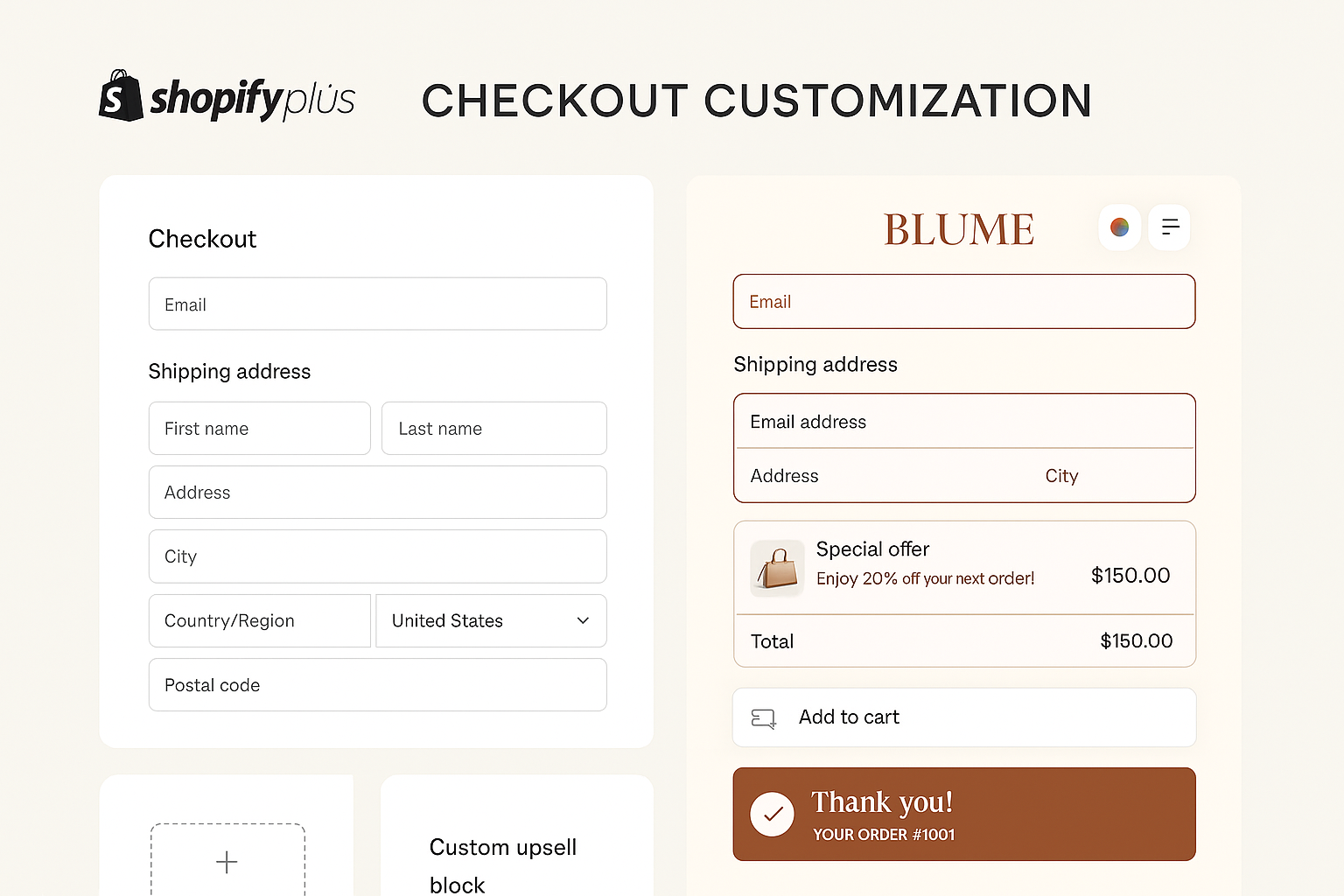 Premium Shopify Plus checkout customization showing branded checkout flow with custom header, styling, layout and confirmation page on light background