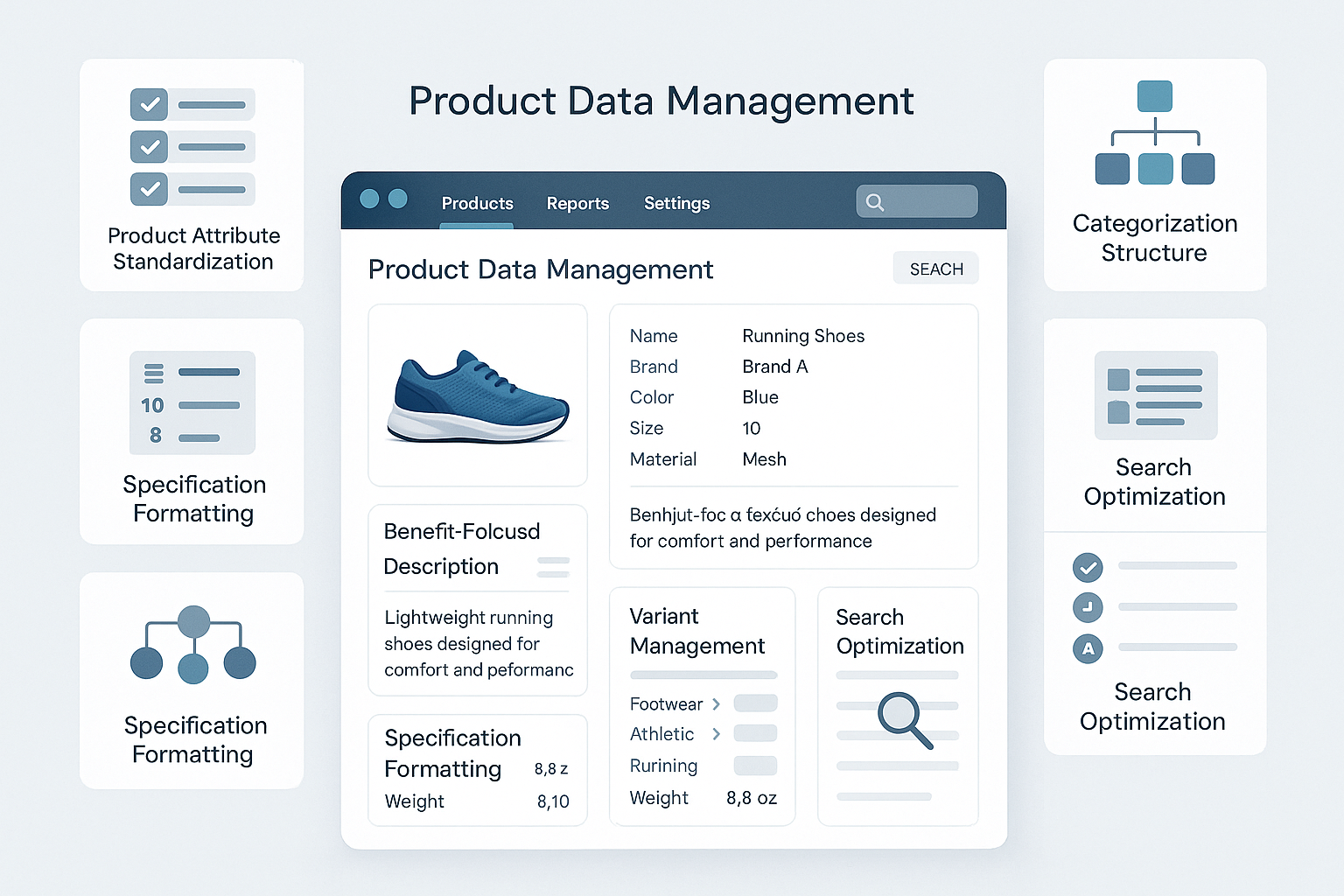 Product data management dashboard showing attribute standardization, image enhancement, description enrichment, specification formatting and consistent naming conventions