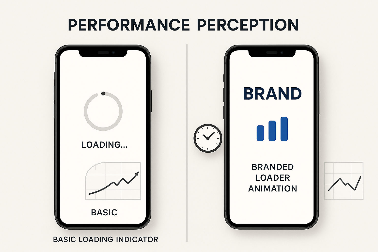 Professional split-screen comparing basic loader with longer perceived wait time versus branded loader with shorter perceived wait time alongside performance metrics