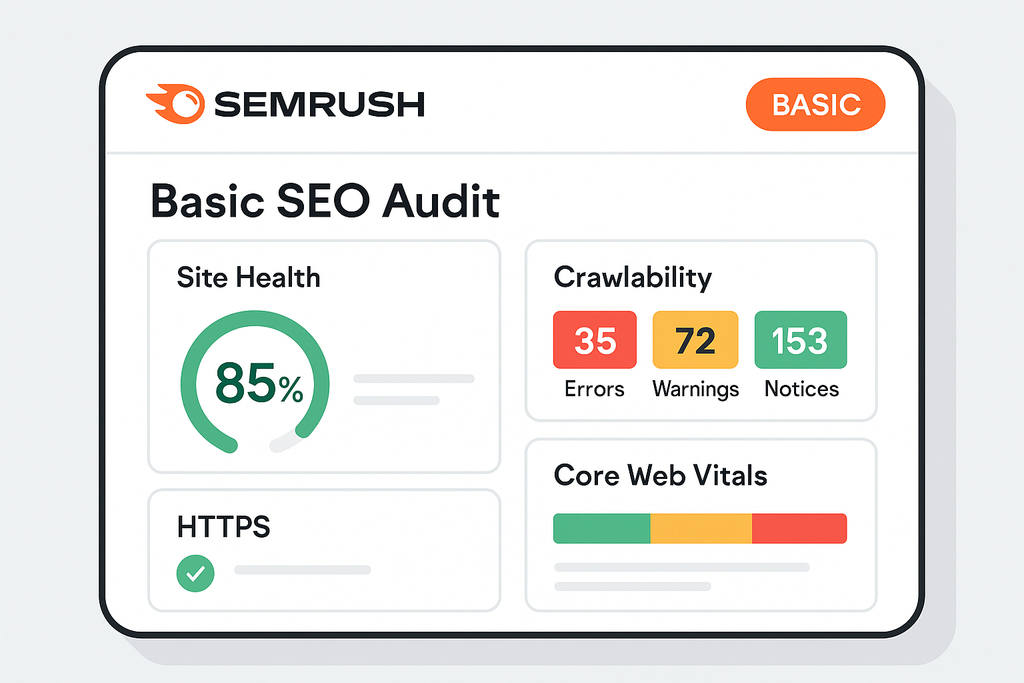 SemRush Basic SEO Audit dashboard showing essential metrics like site health score and fundamental technical issues with SemRush branding and green/orange accents