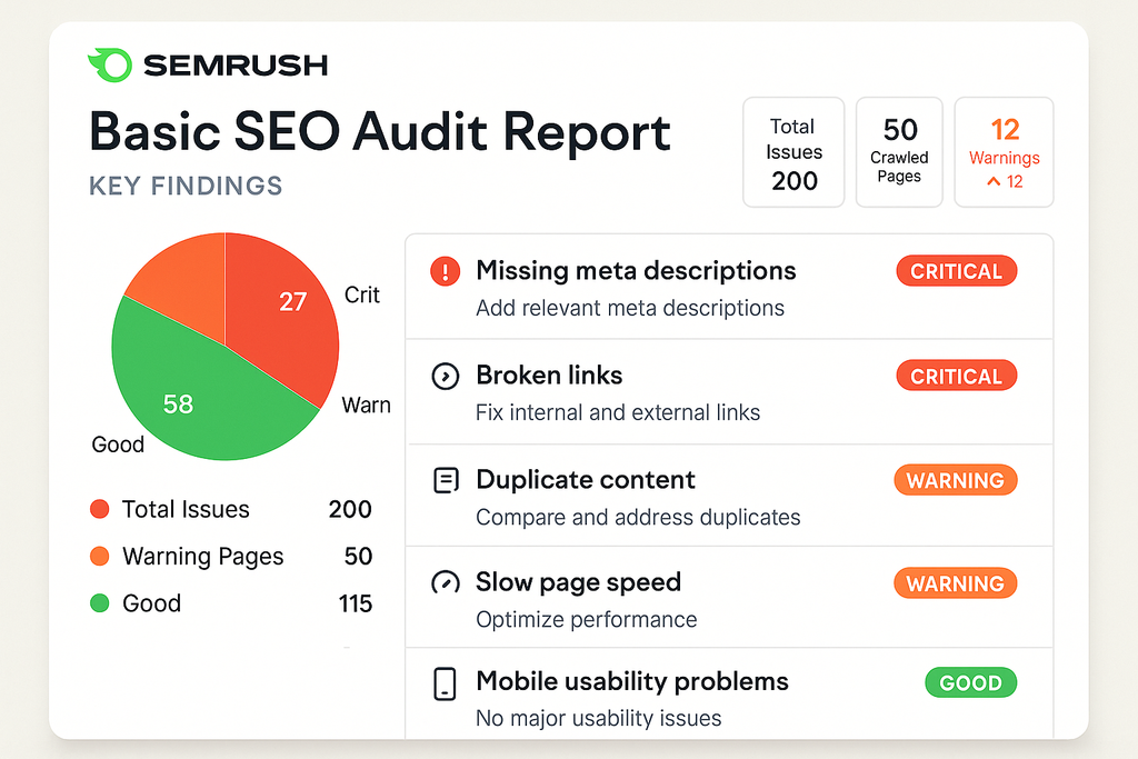 SemRush Basic SEO Audit key findings showing organized list of fundamental SEO issues with priority levels and simple charts using SemRush branding