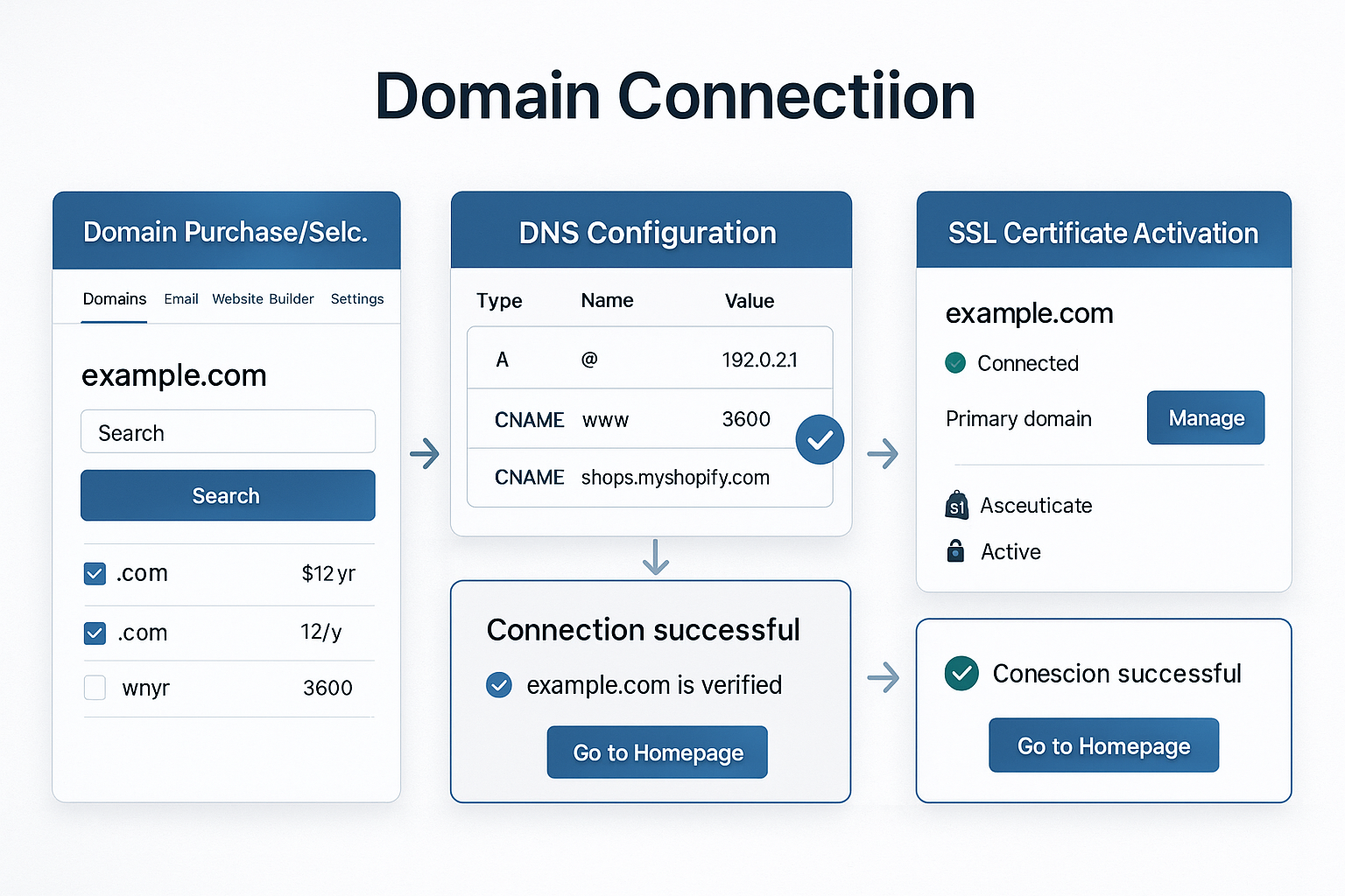 Sequence showing domain connection workflow from purchase through DNS configuration with A and CNAME records to SSL activation and verification