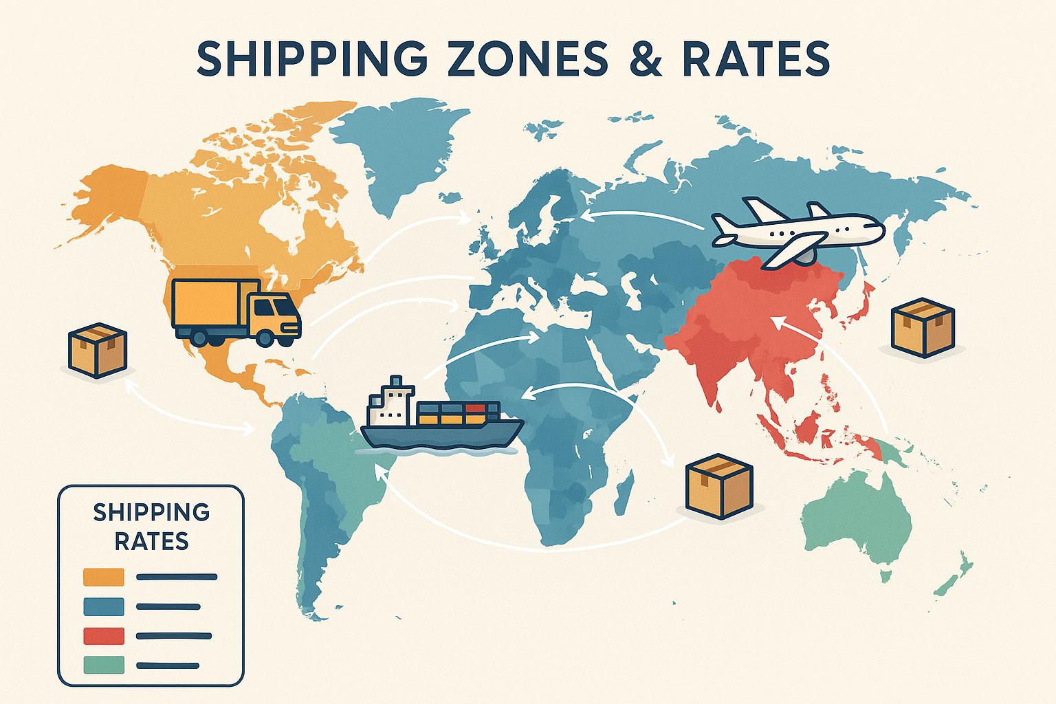 Shipping Zones & Rates visualization showing a world map with different colored shipping zones, delivery routes, and logistics elements