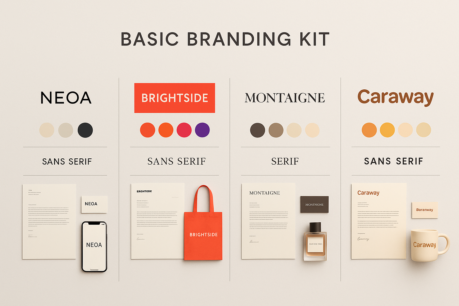 Side-by-side comparison of different branding kits - modern/minimal, bold/vibrant, luxury/elegant, and friendly/approachable with distinct visual styles