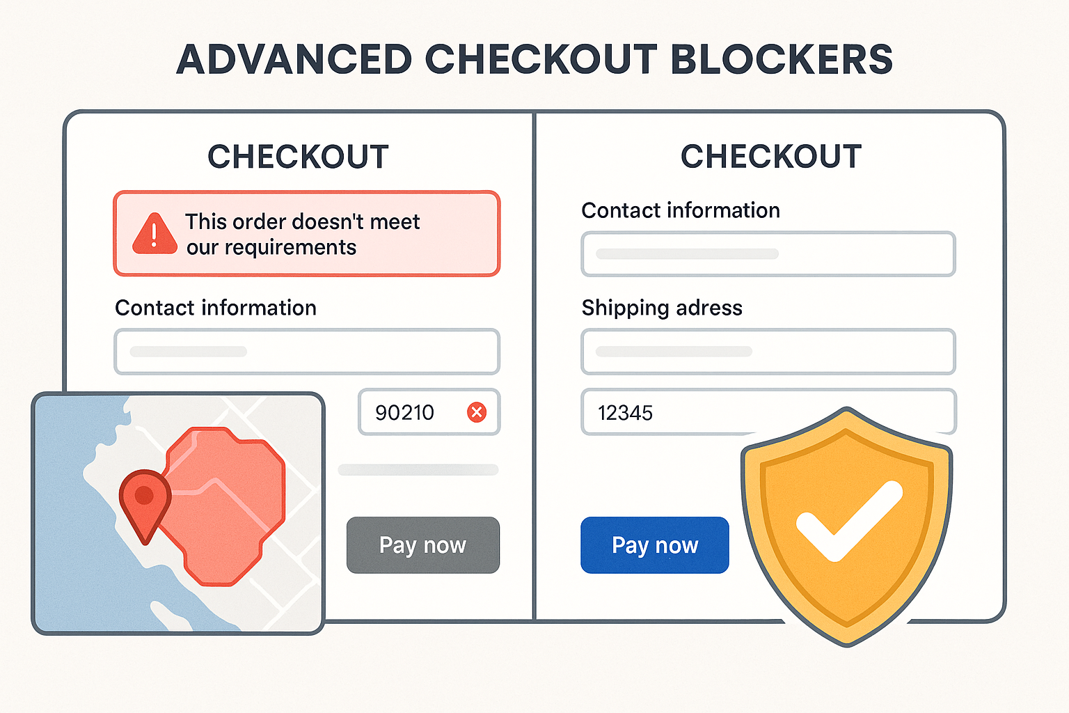 Split-screen checkout page showing blocked transaction with notification message and map with restricted zones highlighted in red