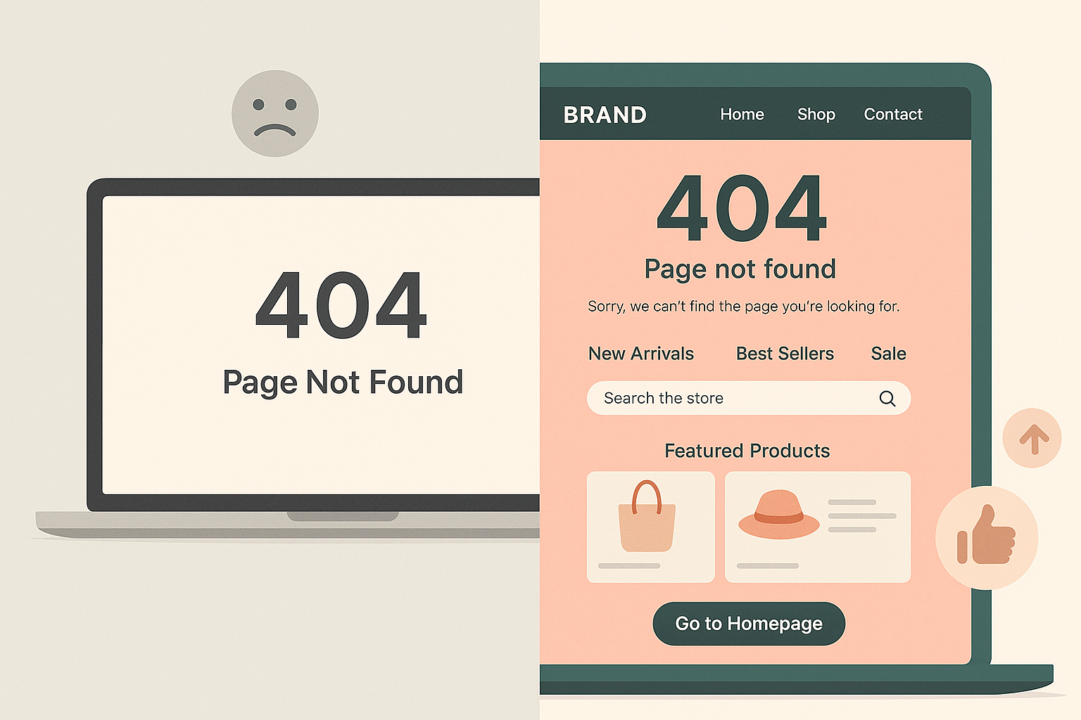 Split-screen comparison showing generic 404 error page versus branded custom 404 page with navigation links and product recommendations