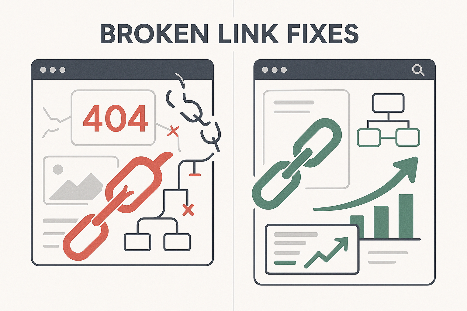 Split-screen comparison showing website with broken links and error messages on left versus repaired links and successful navigation on right