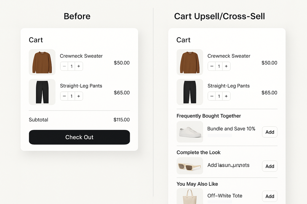 Split-screen showing basic cart versus enhanced cart with Frequently Bought Together recommendations, Complete the Look suggestions and personalized offers
