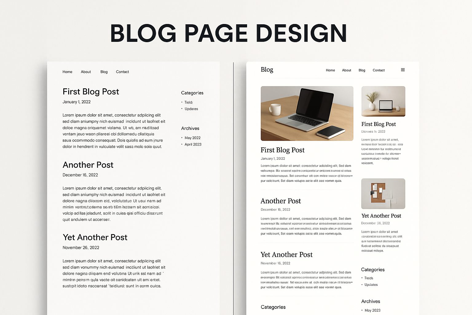 Split-screen showing basic cluttered blog versus beautifully redesigned blog with professional layout, typography and visual hierarchy