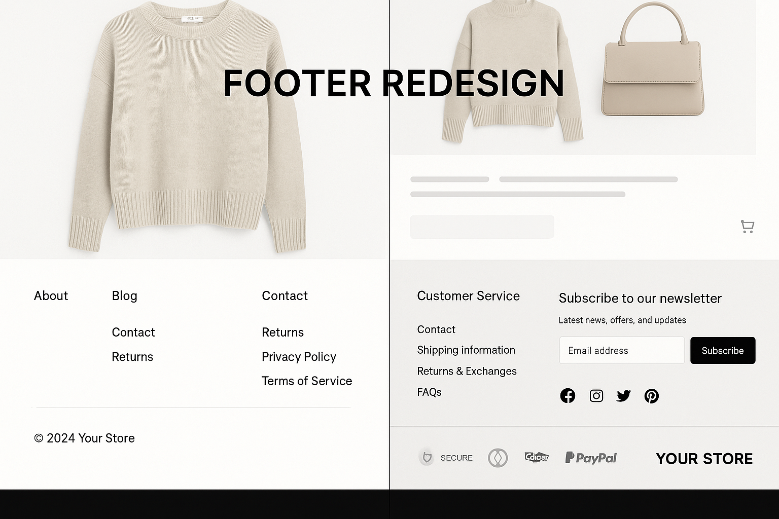 Split-screen showing basic cluttered footer versus beautifully redesigned footer with organized navigation, newsletter signup and trust badges