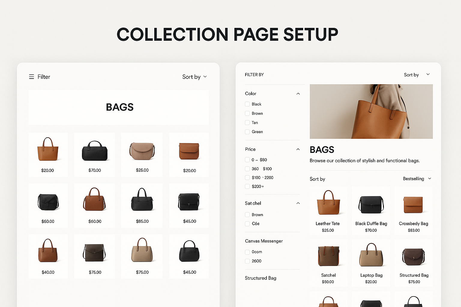 Split-screen showing basic disorganized collection versus optimized page with professional banner, strategic organization and intuitive filtering tools