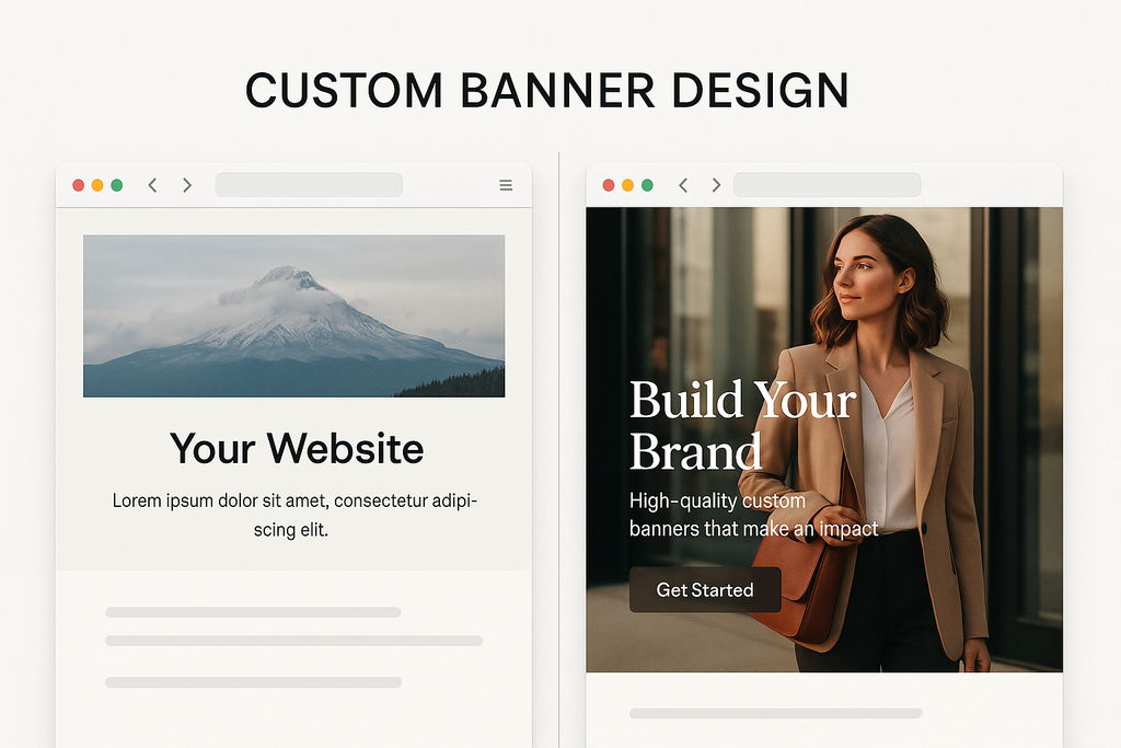 Split-screen showing basic generic banner versus stunning custom banner with professional photography, strategic messaging and compelling call-to-action