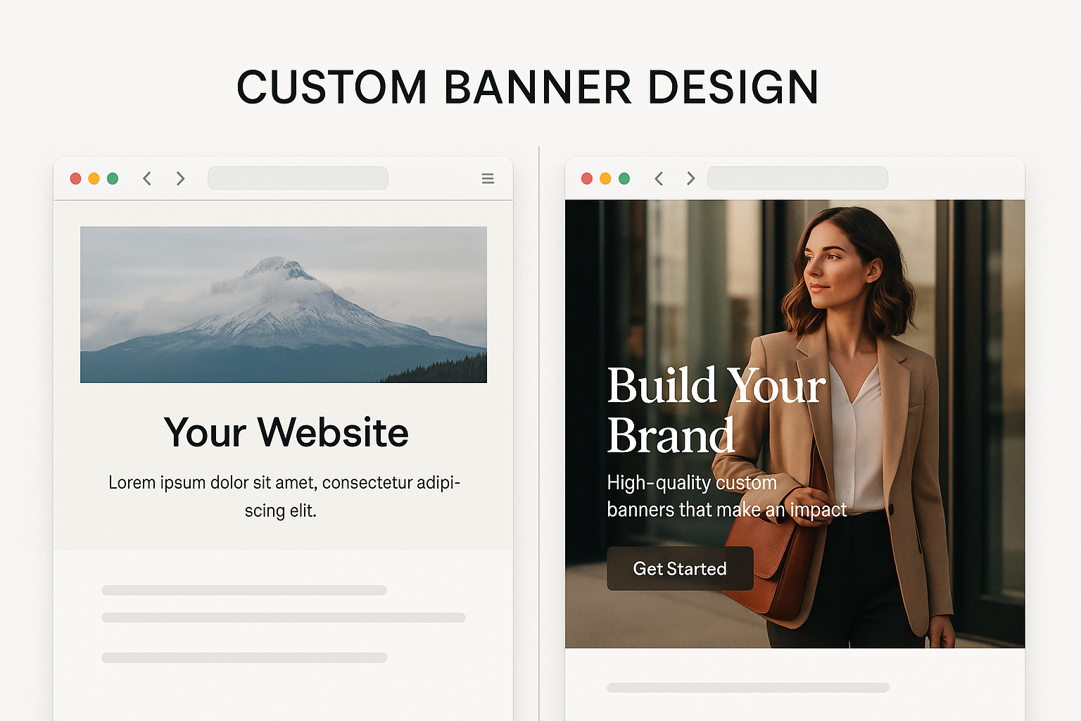 Split-screen showing basic generic banner versus stunning custom banner with professional photography, strategic messaging and compelling call-to-action