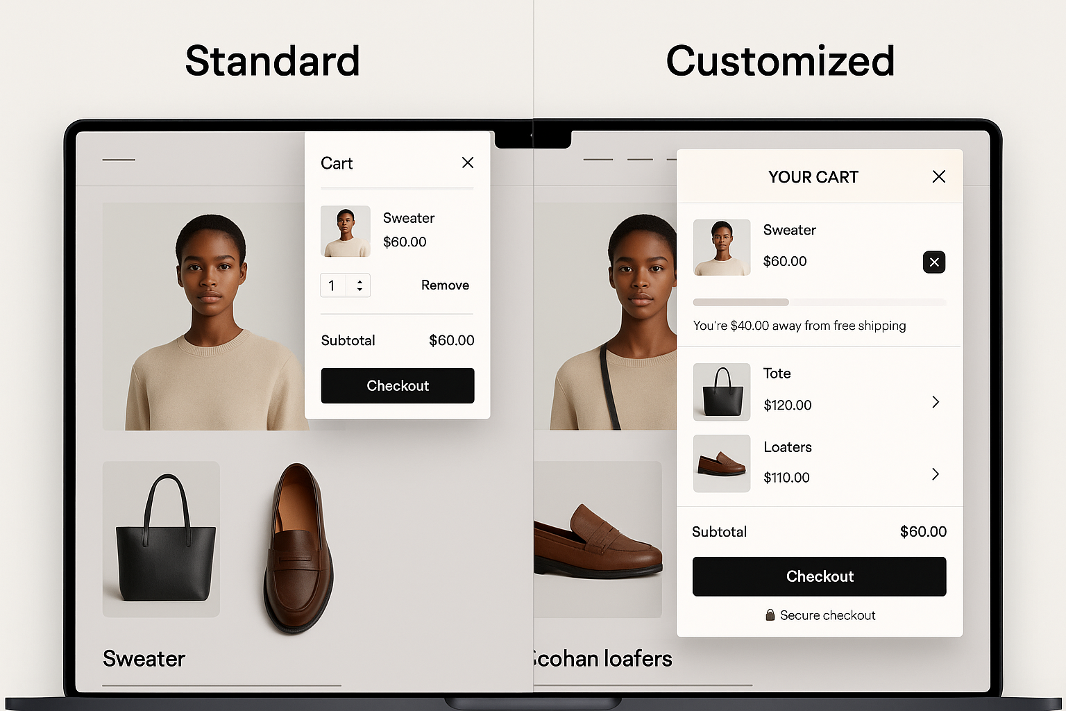 Split-screen showing basic generic cart drawer versus beautifully customized branded drawer with product thumbnails, upsells and shipping bar