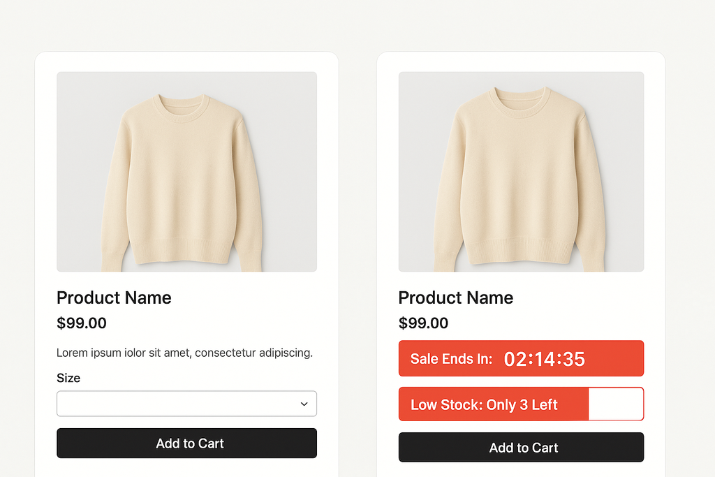 Split-screen showing basic product page versus enhanced page with prominent countdown timer showing Sale Ends In: 02:14:35 and stock bar showing Only 3 Left