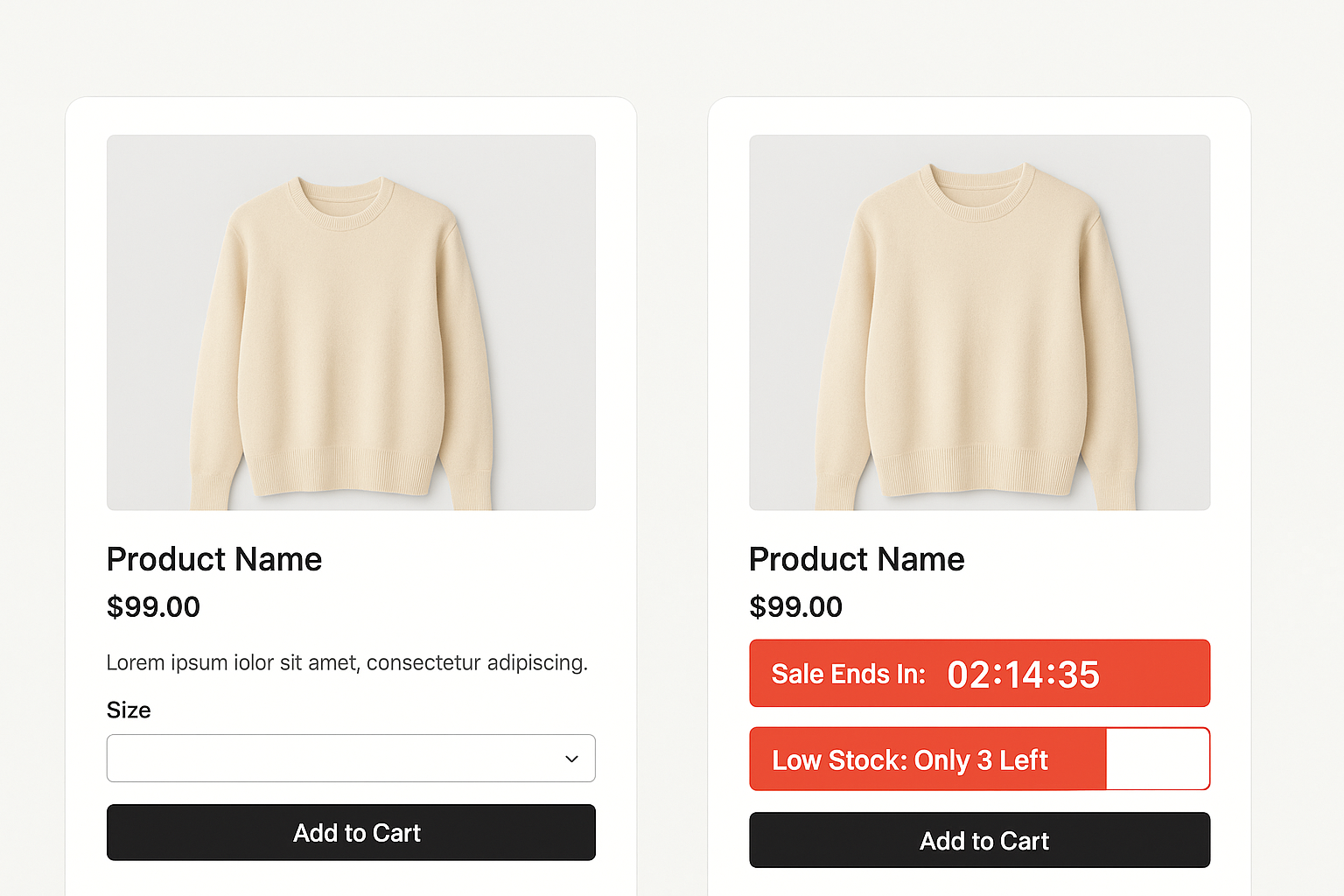 Split-screen showing basic product page versus enhanced page with prominent countdown timer showing Sale Ends In: 02:14:35 and stock bar showing Only 3 Left