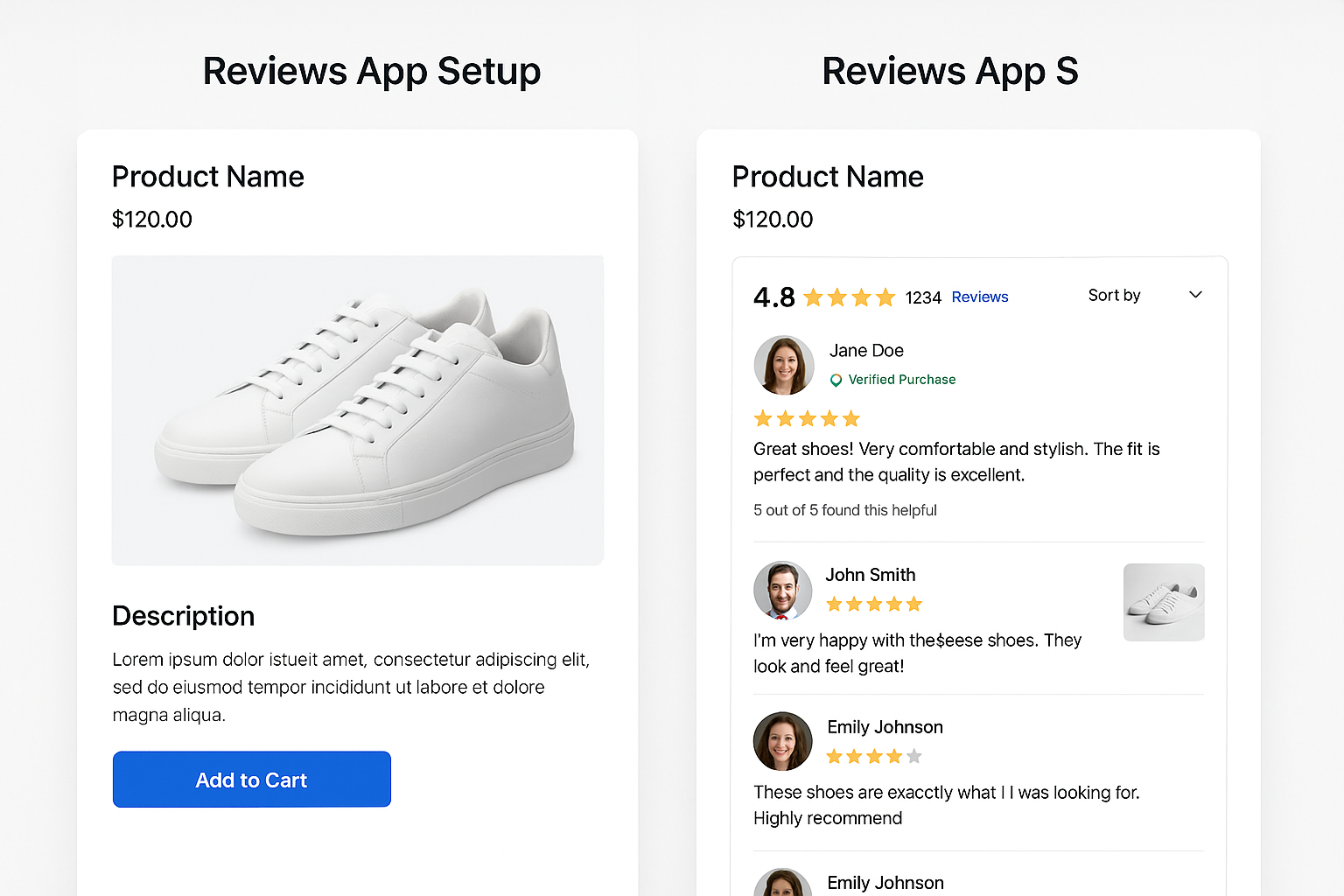 Split-screen showing basic product page versus enhanced page with star ratings, customer testimonials, photo reviews and verified purchase badges