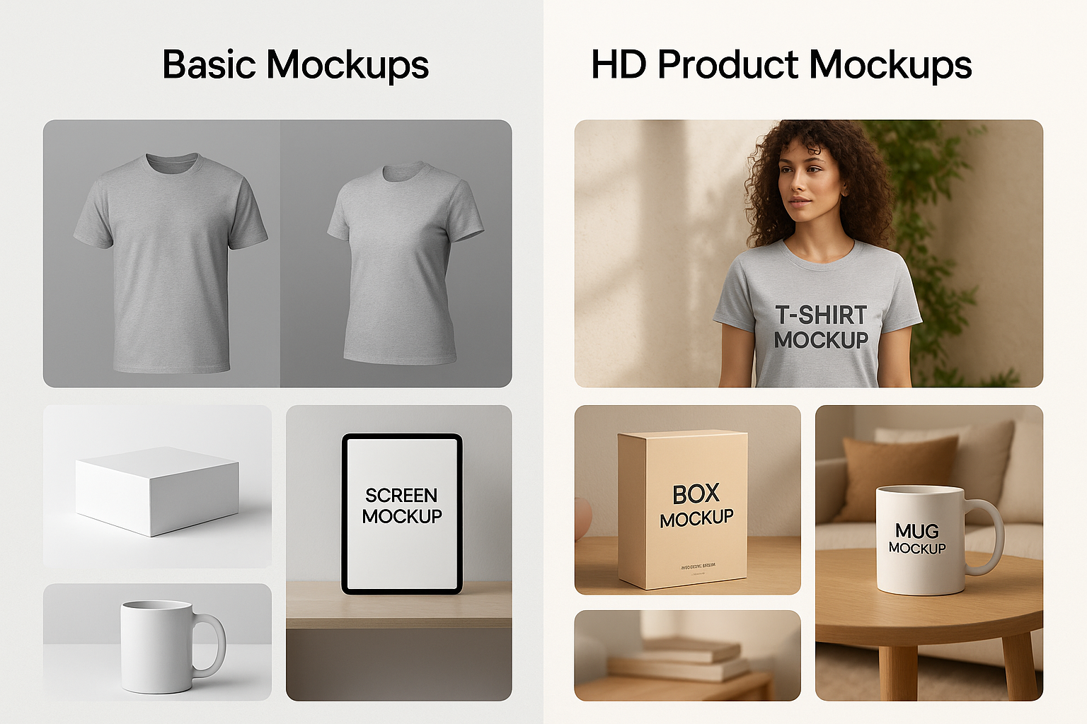 Split-screen showing basic product photos versus stunning HD mockups with perfect lighting, professional environments and premium presentation