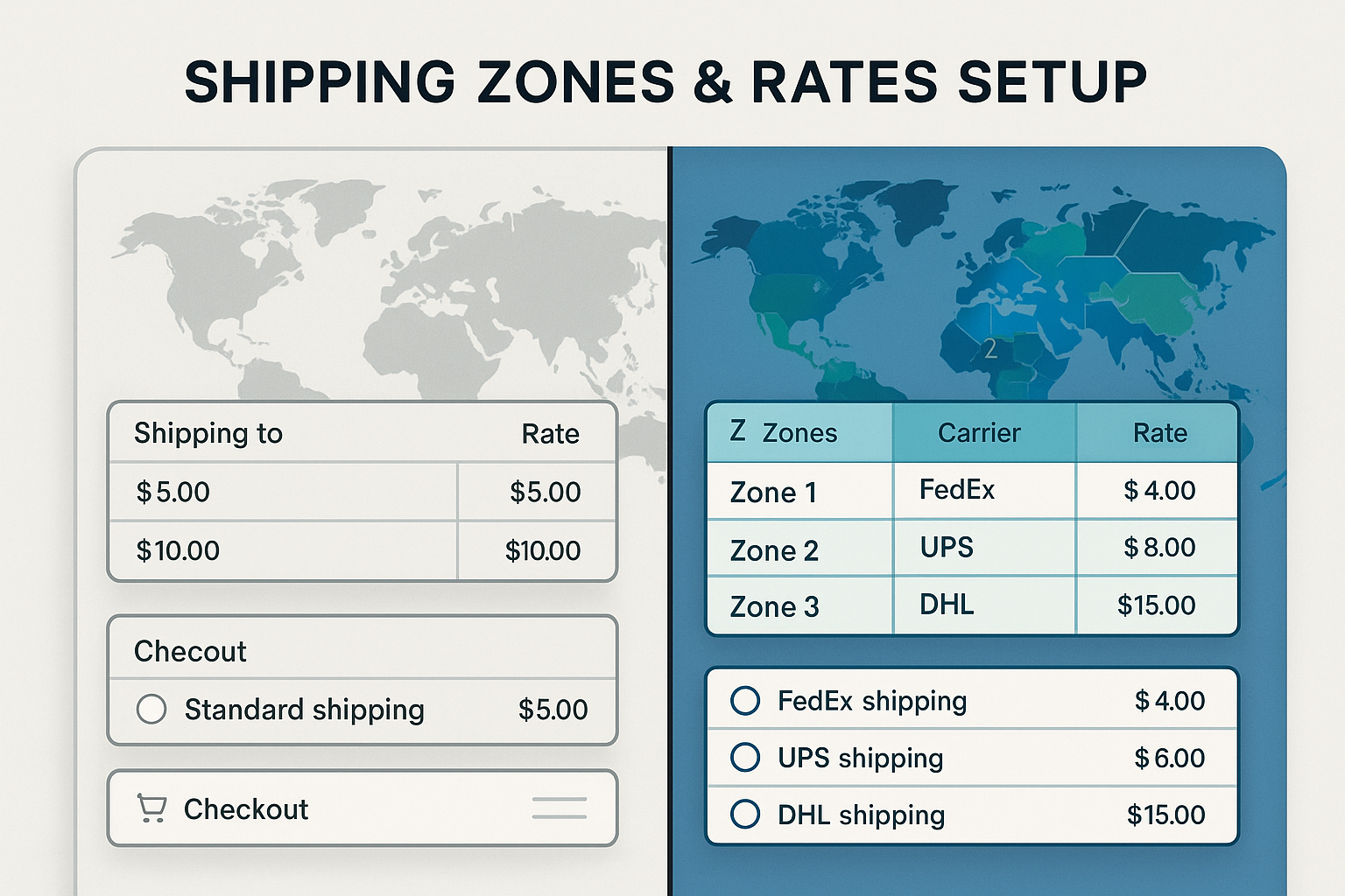 Split-screen showing basic shipping setup versus optimized configuration with strategic zones, multiple carriers and cost-effective rate structures