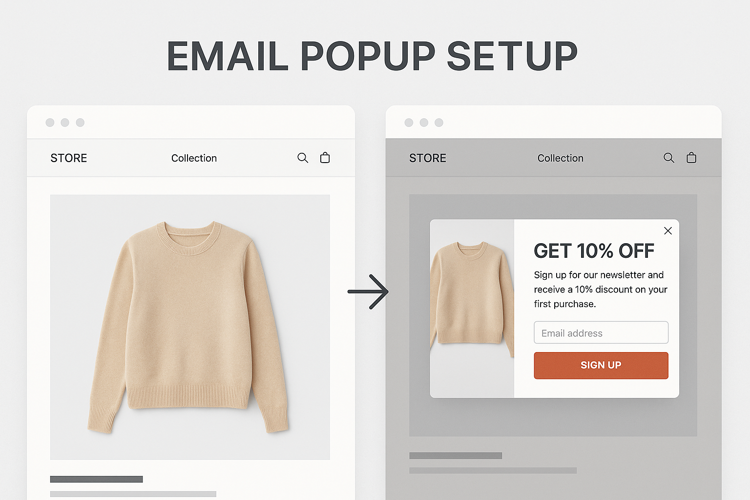 Split-screen showing basic store versus same store with attractive email popup offering discount with compelling headline and signup button