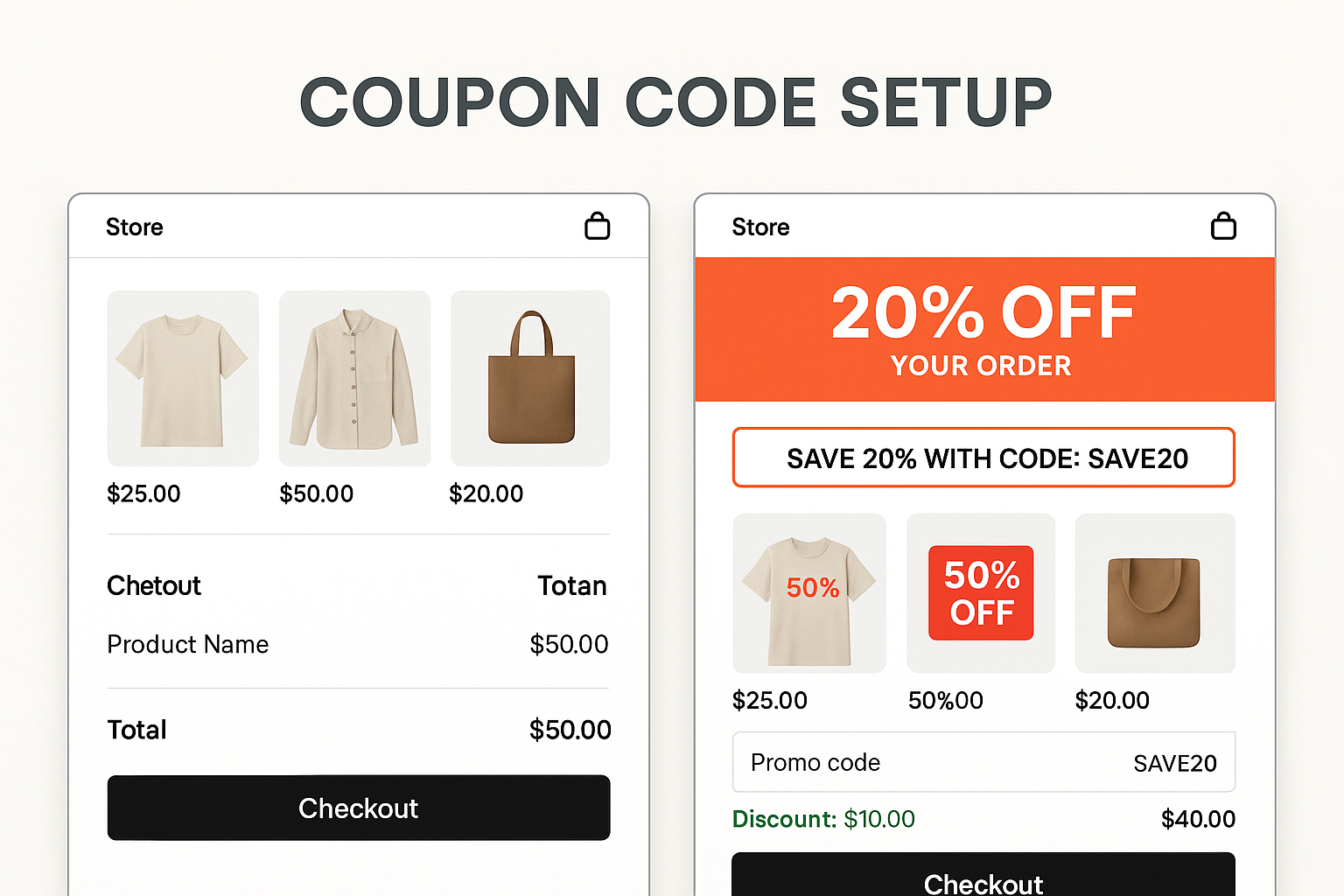 Split-screen showing basic store versus same store with professional coupon system featuring discount banners, promo code field and applied discount