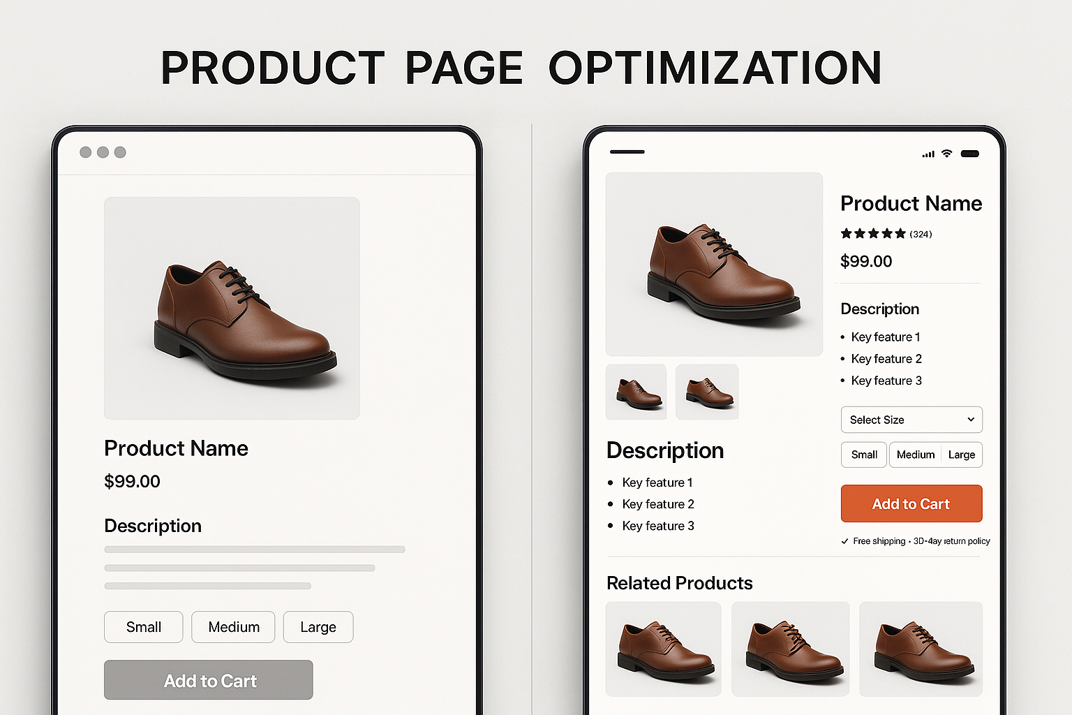 Split-screen showing basic underperforming product page versus optimized page with comprehensive gallery, strategic information hierarchy and conversion elements