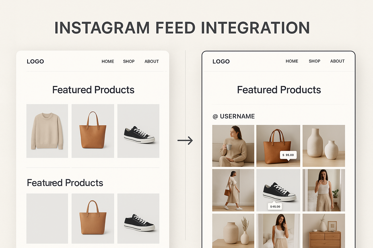 Split-screen showing basic website versus enhanced site with beautifully integrated Instagram feed featuring lifestyle photos and shoppable posts
