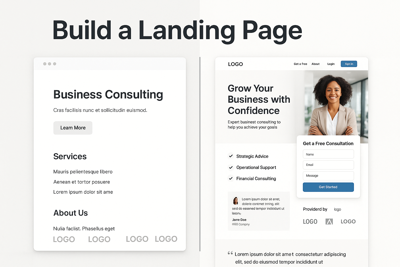 Split-screen showing business with generic page versus same business with stunning strategic landing page featuring compelling headline and strong call-to-action