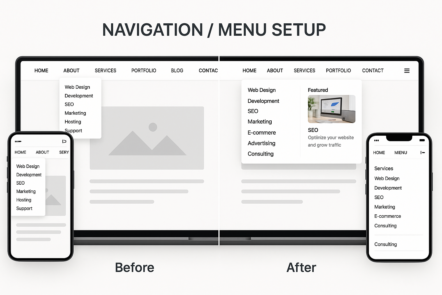 Split-screen showing confusing cluttered navigation versus optimized system with logical hierarchy, clean mega menu and intuitive organization