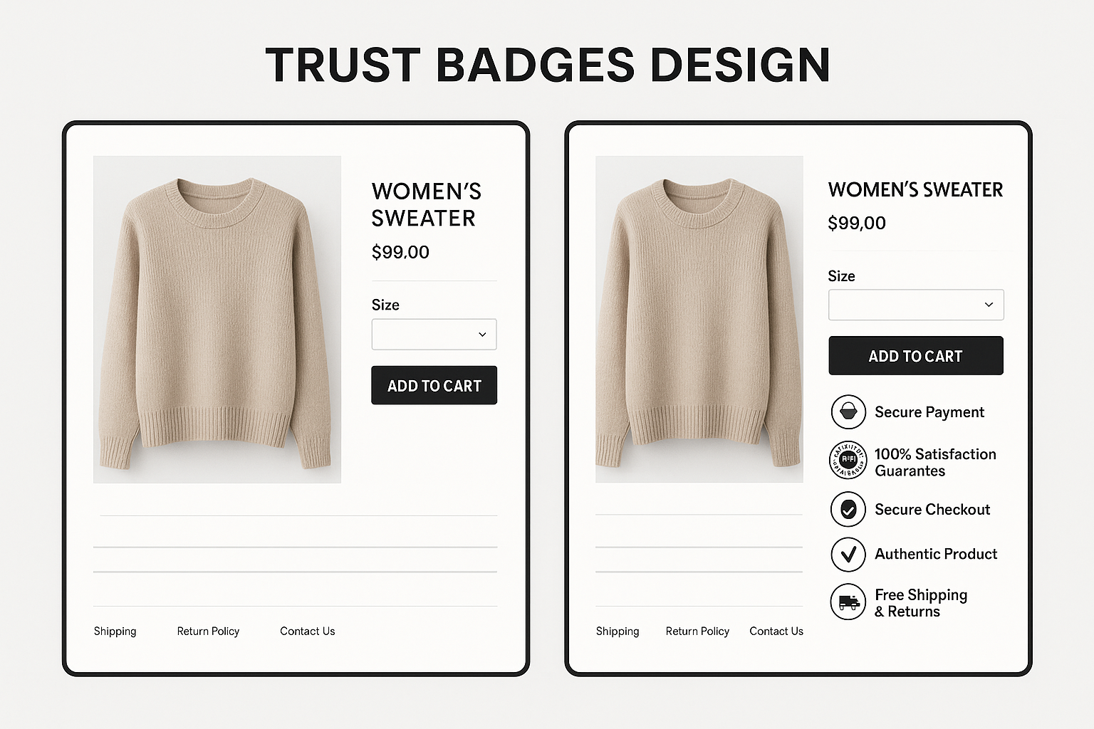 Split-screen showing e-commerce page without trust indicators versus same page enhanced with professional trust badges near key conversion points